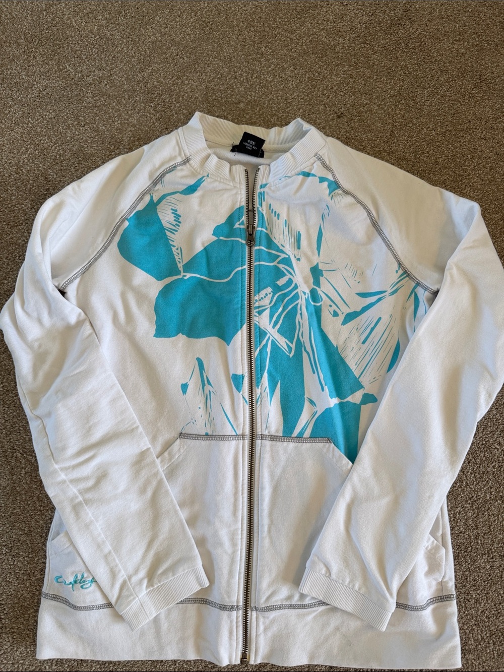 OAKLEY White Zip Sweatshirt with Teal Floral Accent Cute Beach Attire No Hood Lg